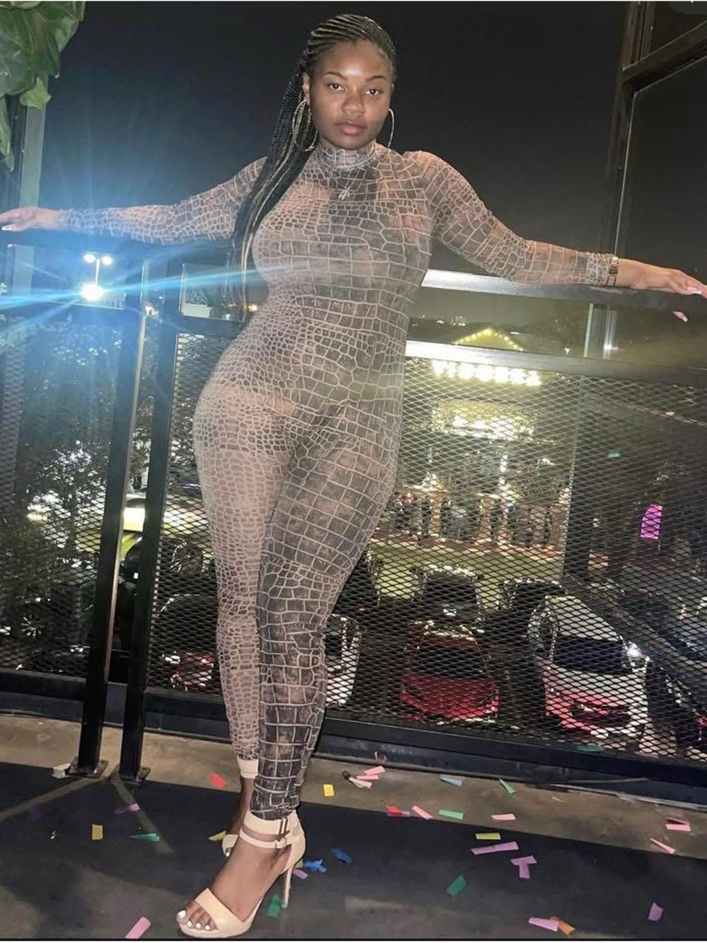 Croc-Print Sheer Mesh Jumpsuit in Taupe